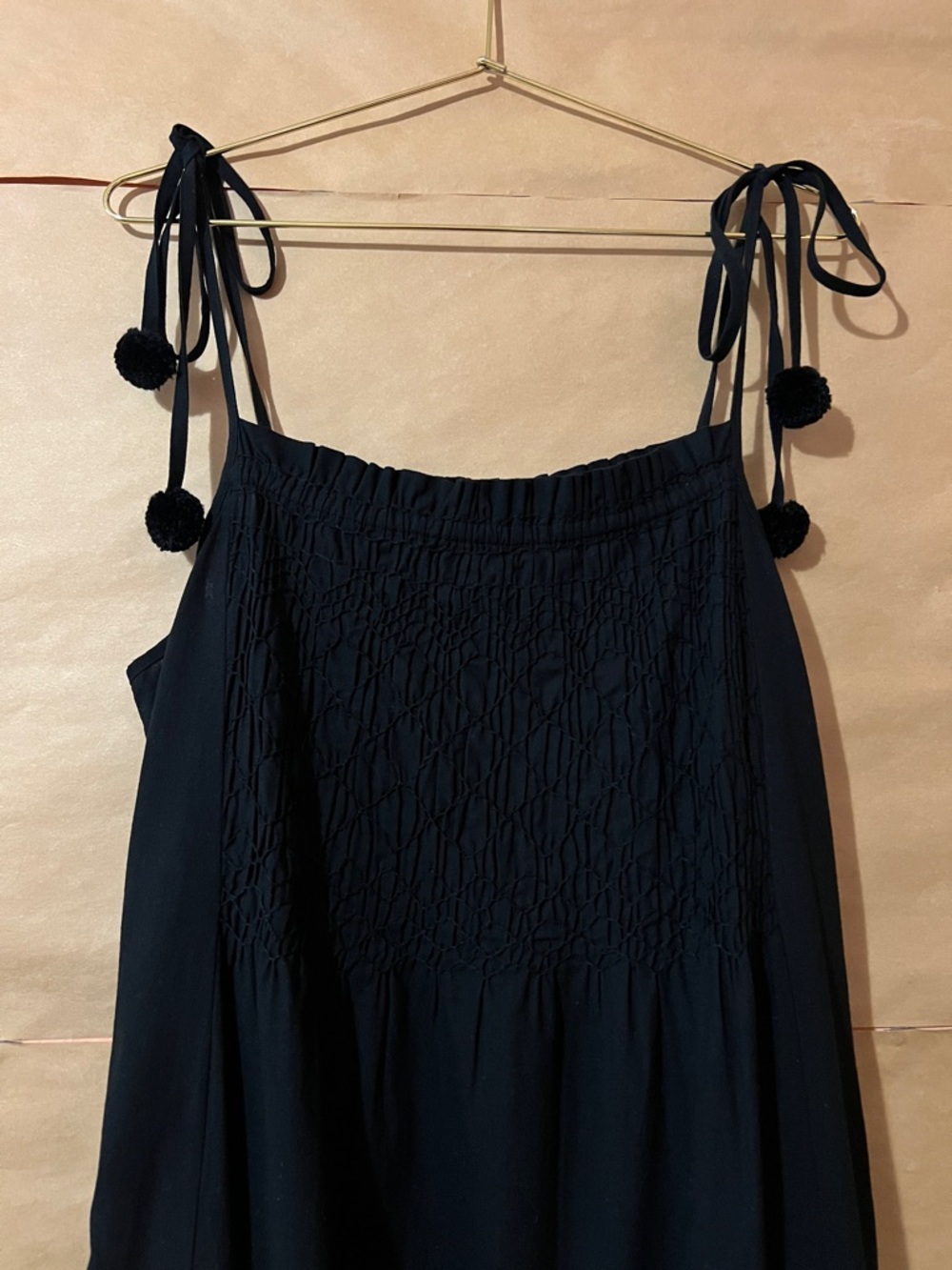 Sea New York | Willa Smocked Midi Dress Tie Strap Pom Pom Black Size M - Picture 4 of 11